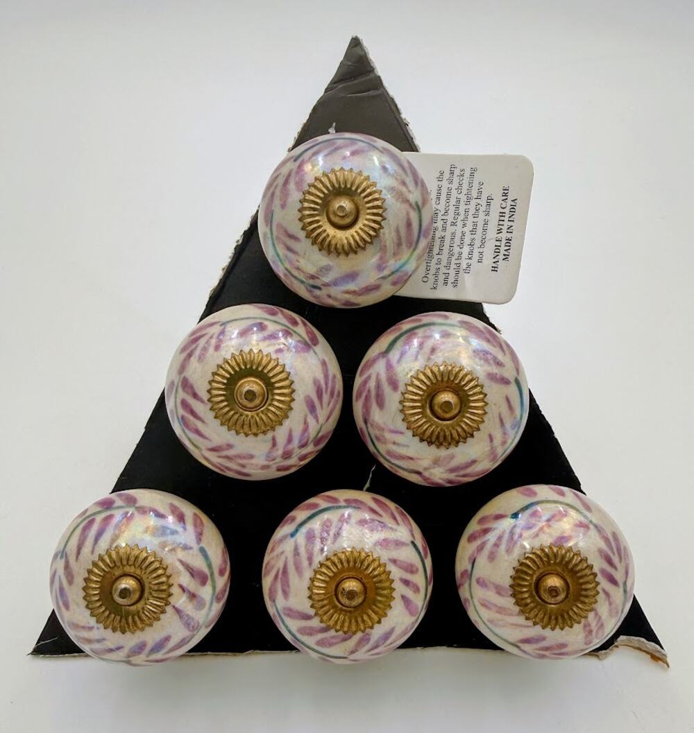 Casa Decor Ceramic Drawer Knobs Set of 6 Purple Leaf Gold Tone Pulls
